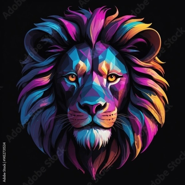 Obraz Vibrant Colorful Lion Illustration: Bold Graphic Design with Eye-Catching Feline Portrait in Abstract Style
