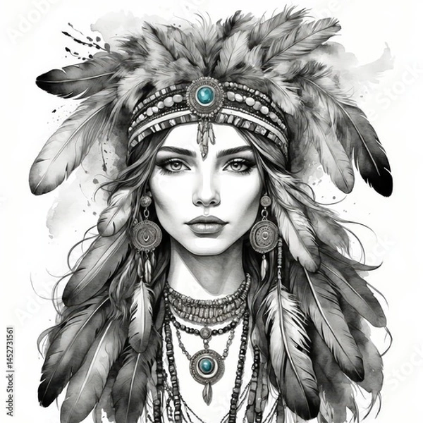 Obraz Enchanting Tribal Woman Portrait in Headdress: Explore Bohemian Feathers and Ethnic Art Fashion