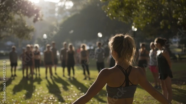 Obraz A group of people participating in an outdoor fitness class in a park, led by a trainer