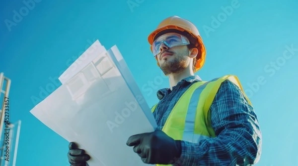 Fototapeta Construction worker reviewing building plans.