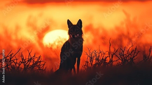 Fototapeta A silhouette of a lone jackal standing alert among thorny bushes in open terrain