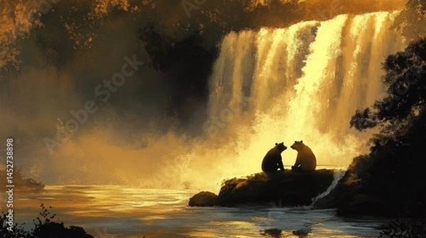 Fototapeta A silhouette of a pair of bears fishing together at the base of a cascading waterfall