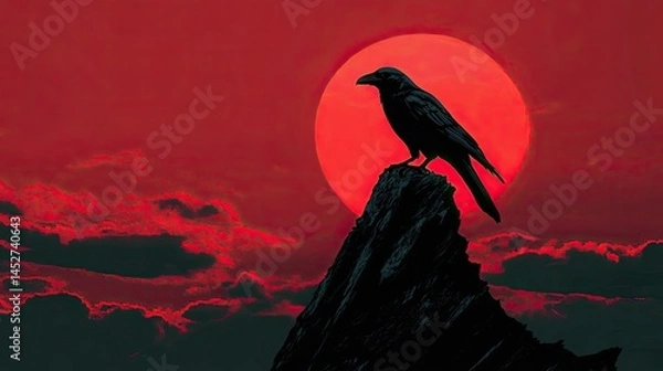 Fototapeta A silhouette of a raven sitting atop a sharp