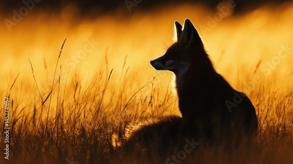 Fototapeta A silhouette of a red fox curled up in the tall grasses of a peaceful meadow