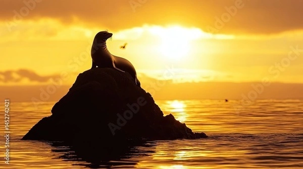 Fototapeta A silhouette of a seal lounging atop a jagged rock in the middle of a calm ocean