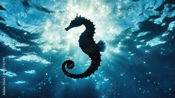 Fototapeta A silhouette of a seahorse gracefully floating upward through a sunlit patch of crystal-clear ocean water