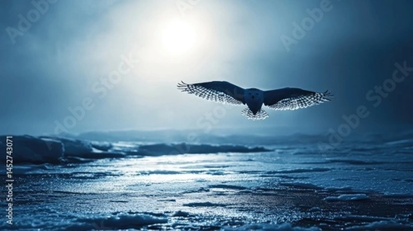 Fototapeta A silhouette of a snowy owl mid-flight over a desolate frozen tundra
