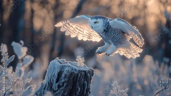 Fototapeta A silhouette of a snowy owl landing softly on a broken tree stump