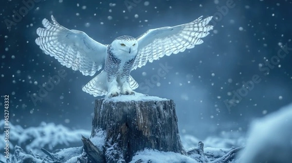 Fototapeta A silhouette of a snowy owl landing softly on a broken tree stump