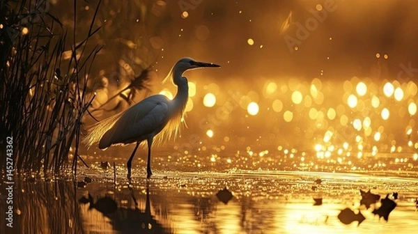 Fototapeta A silhouette of a snowy egret wading through tall reeds beside a sparkling river