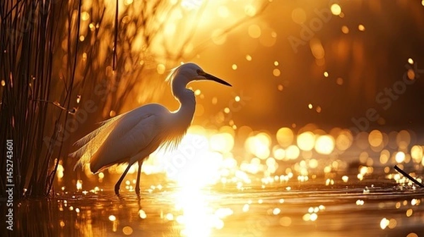 Fototapeta A silhouette of a snowy egret wading through tall reeds beside a sparkling river
