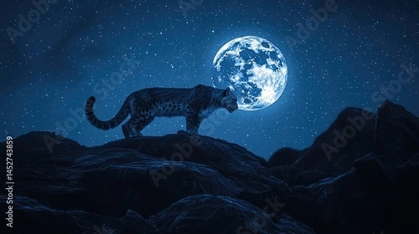 Fototapeta A silhouette of a snow leopard prowling across a rocky ridge