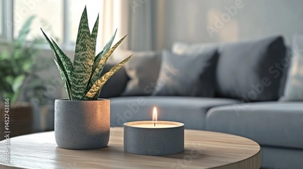 Fototapeta Candle and plant in grey concrete pot on wooden coffee tables in front of scandinavian designed sofa illustration