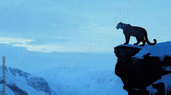 Fototapeta A silhouette of a snow leopard standing on a rugged cliff edge