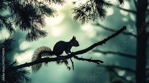 Fototapeta A silhouette of a squirrel darting across the branches of a tall pine tree