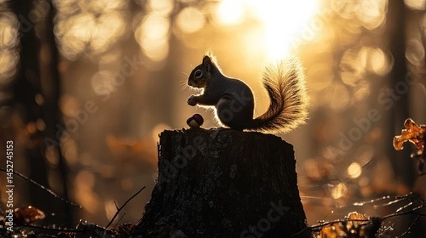 Fototapeta A silhouette of a squirrel nibbling on an acorn atop a tree stump in the forest