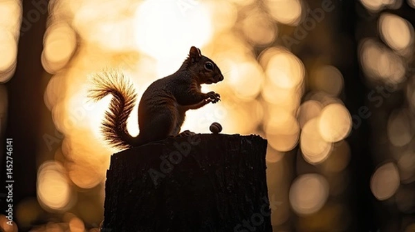 Fototapeta A silhouette of a squirrel nibbling on an acorn atop a tree stump in the forest