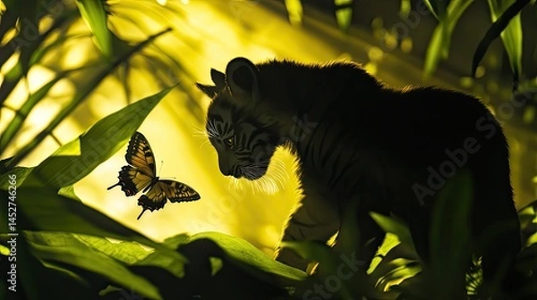 Fototapeta A silhouette of a tiger cub playfully pouncing on a butterfly in the jungle