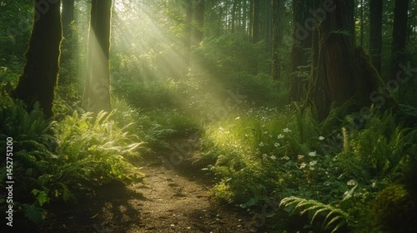 Obraz Forest path bathed in ethereal sunlight