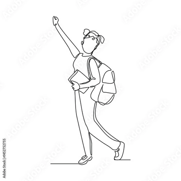 Obraz Continuous single line sketch drawing art of college campus student woman with bag backpack and stack books. Editable stroke vector illustration