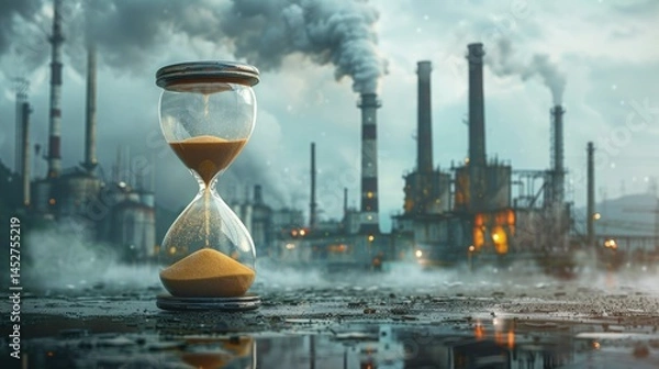 Fototapeta Hourglass on polluted ground with factory chimneys and smoke in the background. Concept of time running out, climate change, and environmental urgency