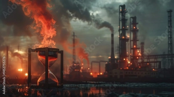 Fototapeta A glass hourglass filled with sand stands against a smoky industrial landscape, symbolizing the urgent countdown to action against environmental destruction and climate change