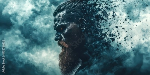 Fototapeta Surreal Viking portrait divided by nature and rage, stormlight dancing in the background.