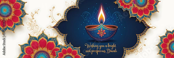 Fototapeta Happy Diwali Illustration Featuring Luxurious Deep Blue Gold Diya Lamp Glowing Flame Intricate Mandala Patterns Vibrant Red Blue Gold Tones on White Background for Festive Greeting Cards Invitations