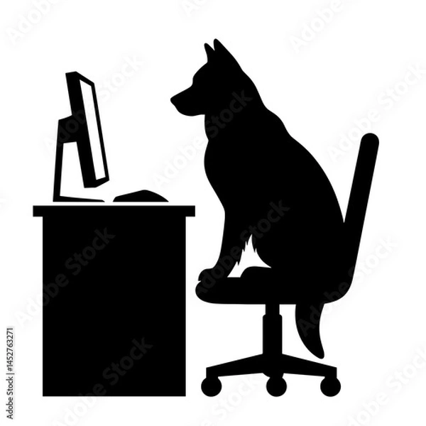 Obraz Dog sitting at computer desk silhouette