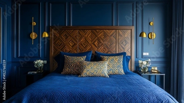 Obraz Bold interior with deep blue walls, patterned wood panel headboard and gold fixtures in