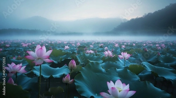 Obraz Misty lotus blooms amidst tranquil waterscape
