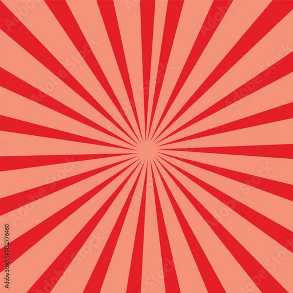 Fototapeta Pop art background for poster or book in red color. Radial rays backdrop with halftone effect in comics style design