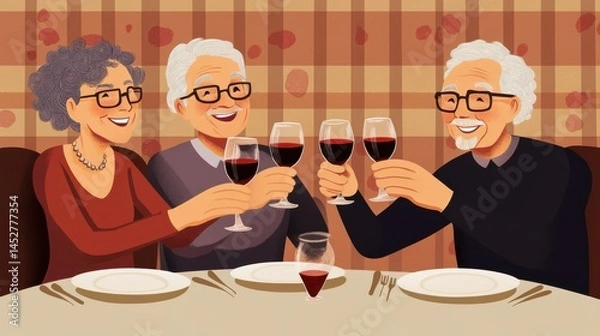 Fototapeta Two senior couples on a double date enjoying together while toasting the wine glasses at a restaurant table illustration