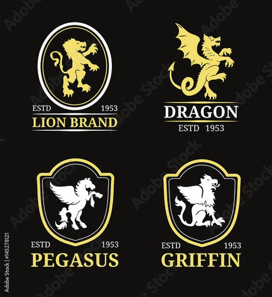 Fototapeta Vector crest monogram templates. Luxury pegasus,dragon, lion,griffin design. Graceful animals silhouettes illustrations.