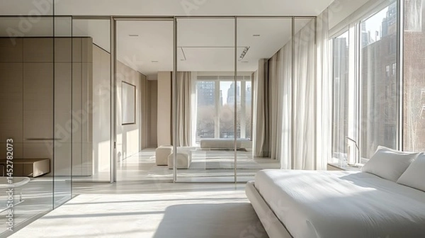 Obraz bright modern bedroom with glass partitions, natural sunlight pouring in through large windows, clean neutral tones and minimalist d?(C)cor