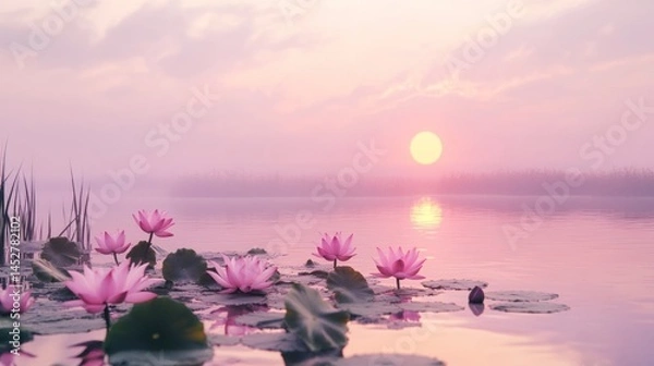 Obraz Pink lily pads float serenely at sunrise