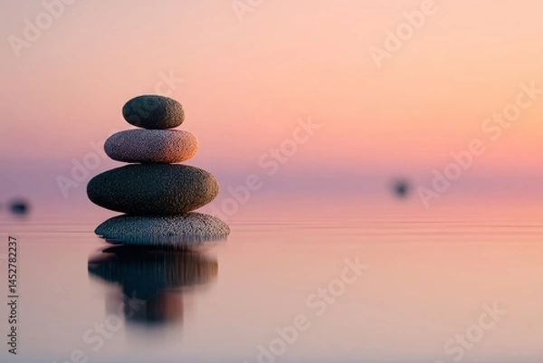 Fototapeta A serene stack of stones, perfectly balanced in tranquil water, under a soft, pastel sunset.