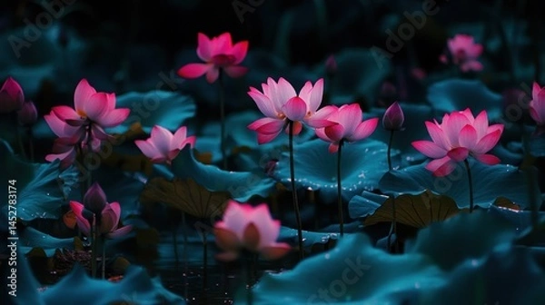 Obraz Pink lotus flowers amidst teal leaves