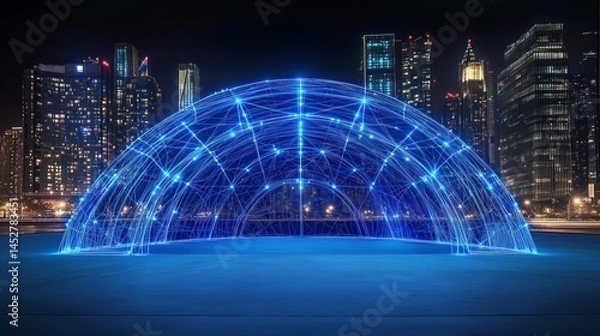 Fototapeta Futuristic cityscape with glowing network dome