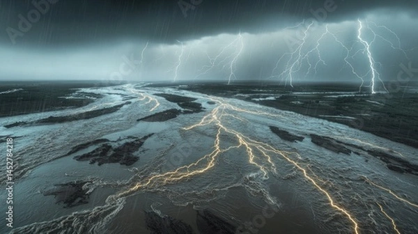 Obraz A river delta flooding under heavy rainfall