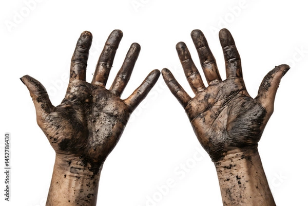 Fototapeta Dirty hands open with grime soil and black background representing hard work