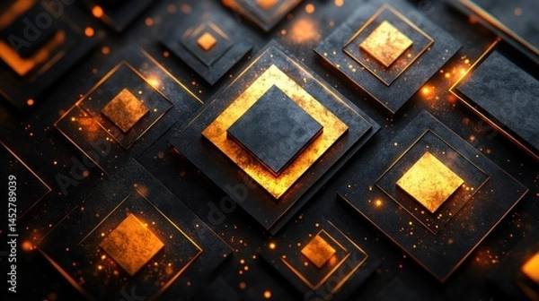 Fototapeta Abstract geometric squares, gold and black, glowing background, digital art