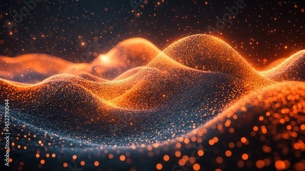 Fototapeta Abstract digital landscape of orange particles with dark background