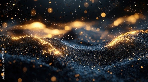 Fototapeta Abstract golden glitter hills, dark background, glowing particles