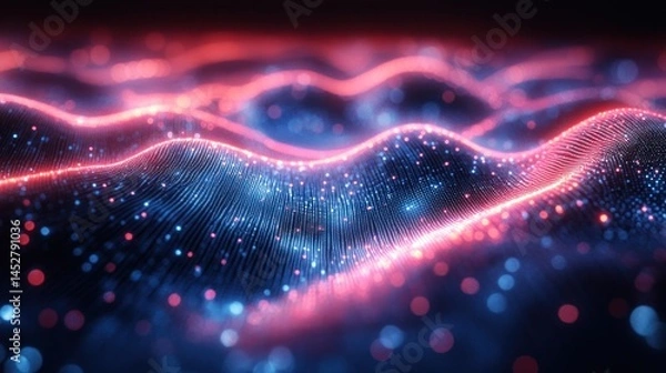 Fototapeta Abstract digital waves with glowing particles. Futuristic background
