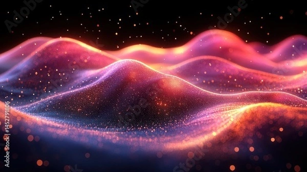 Fototapeta Abstract glowing particles waves in dark space (1)