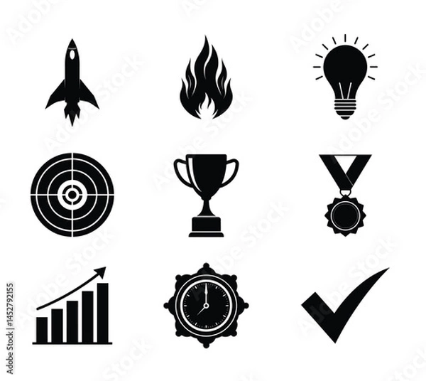 Obraz Black and White Achievement Icons Vector – Silhouette Flat Vector Symbols for Business and Success Concepts