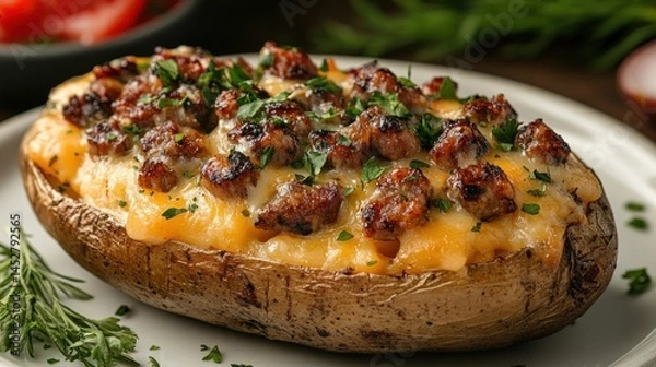 Fototapeta Baked potato with sausage, cheese, and herbs on a plate,  with salad in the background