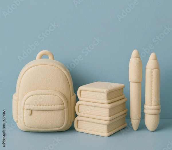 Obraz Back to school minimalist set of ivory-colored plush educational toys on blue background. The set includes a soft, fabric pencil and pen, backpack and stack of books.