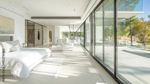 Obraz clean architectural interior with glass wall bedroom, bright and airy atmosphere with white and grey modern finishes